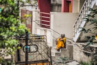 An elderly person in a bright yellow and orange outfit sits on the steps of a concrete building, with a background of plants and a staircase. The setting includes a gated area and various architectural elements.