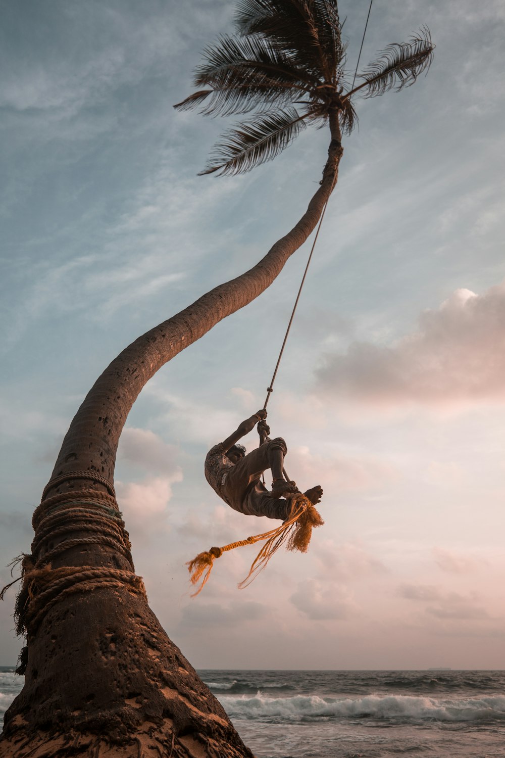 low-angle photography of man hanging on rope