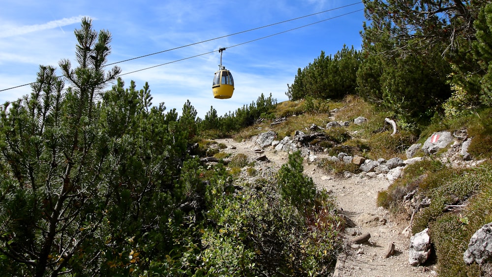 yellow cable car above trees