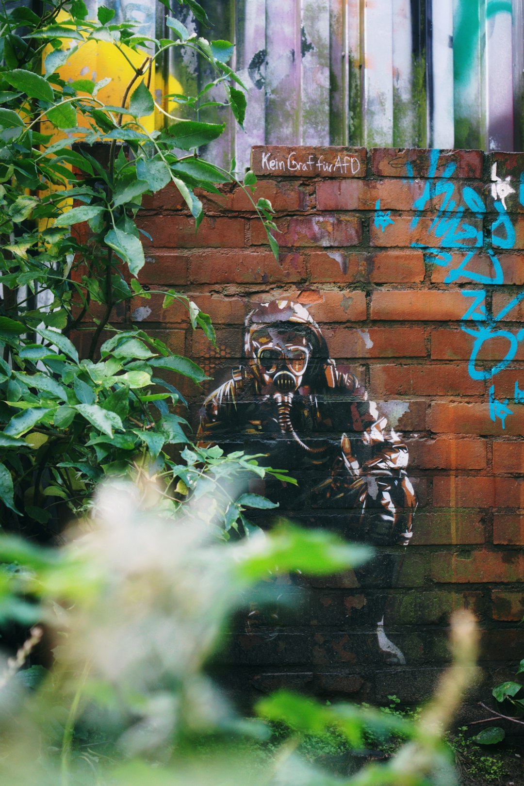 brown brick wall with painting