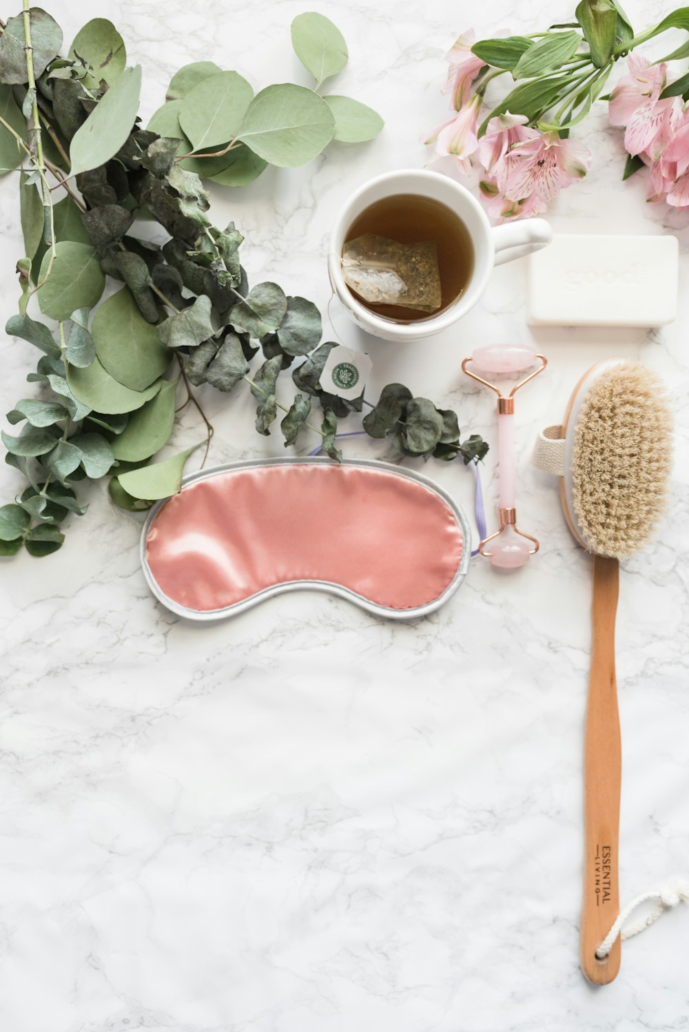 eye mask, brush, and cup