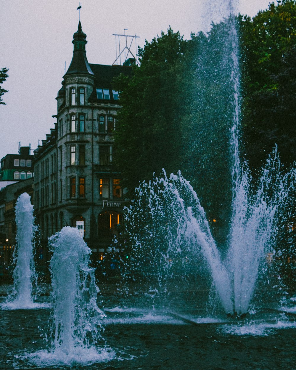 water fountains near house and tree