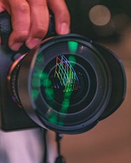 A hand holding a camera lens reflecting a colorful anime scene.
