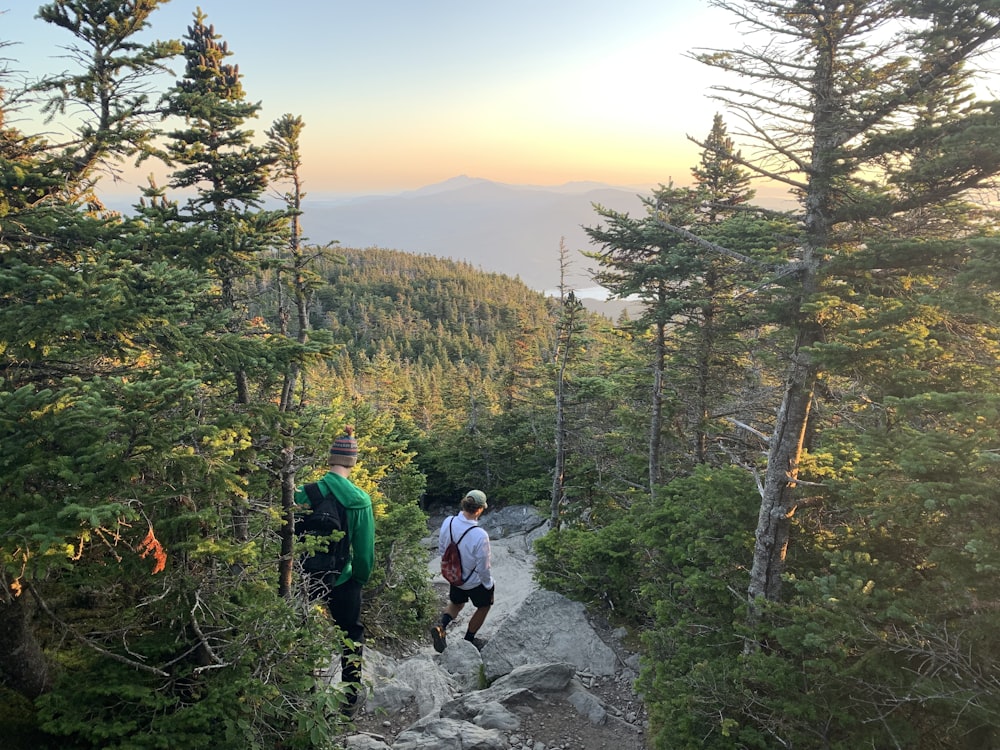 two men hiking during day