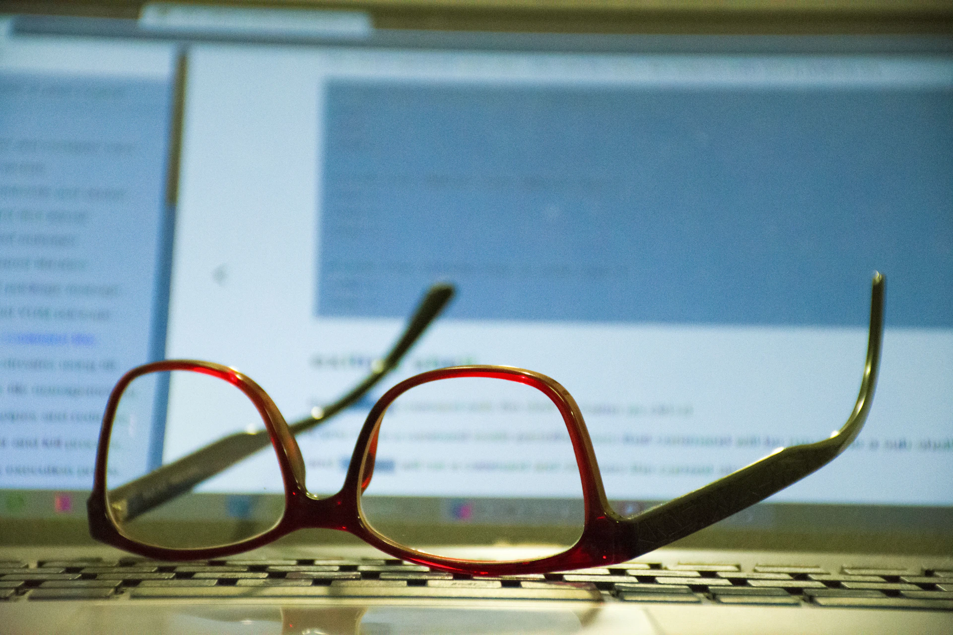 red framed eyeglasses