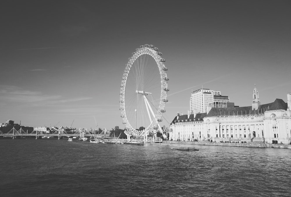 greyscale photo of ferries wheel near sea