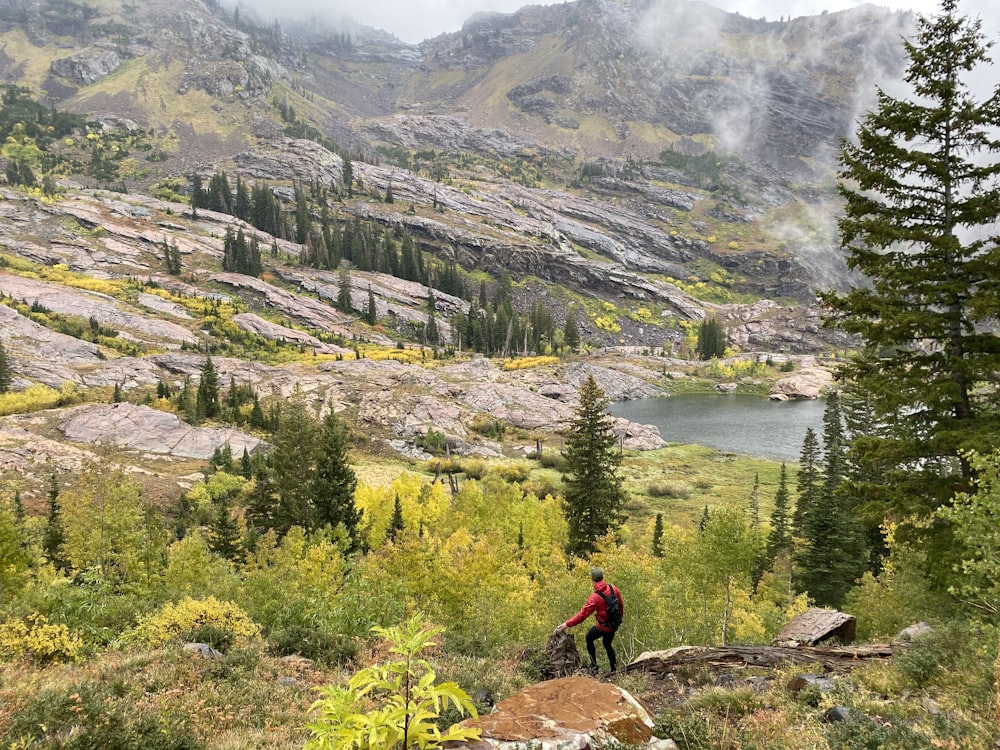 aerial photography of man standing on rocky hill viewing mountain and body of water during daytime