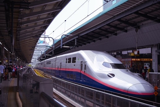A sleek, modern high-speed train is stationed at a busy platform. The train has a distinctive aerodynamic design with a silver body and a blue stripe. The platform is sheltered by a large overhang supported by beams. A crowd of people is gathered on the platform, some standing close to the train.