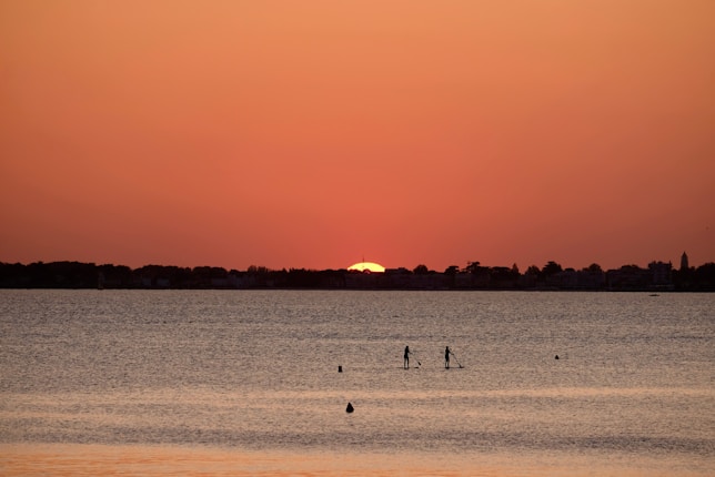 Paddleboarders glide across a calm body of water at sunset, with the vibrant orange and red hues of the sky reflecting on the surface. Silhouetted trees and buildings line the horizon, creating a serene and picturesque scene.