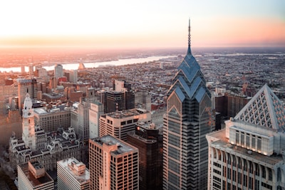 Aerial view of downtown Philadelphia skyline at sunset