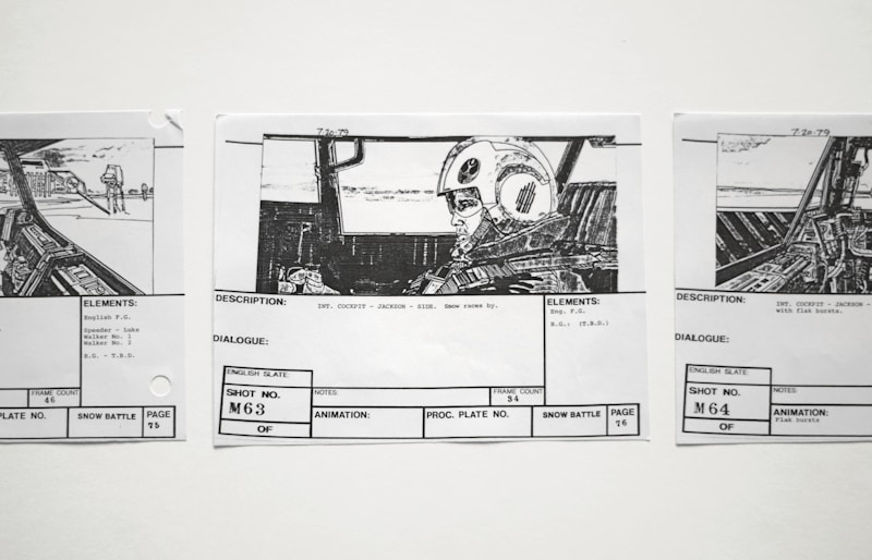 Printed storyboard sheets pinned in sequence with shot numbers and descriptions