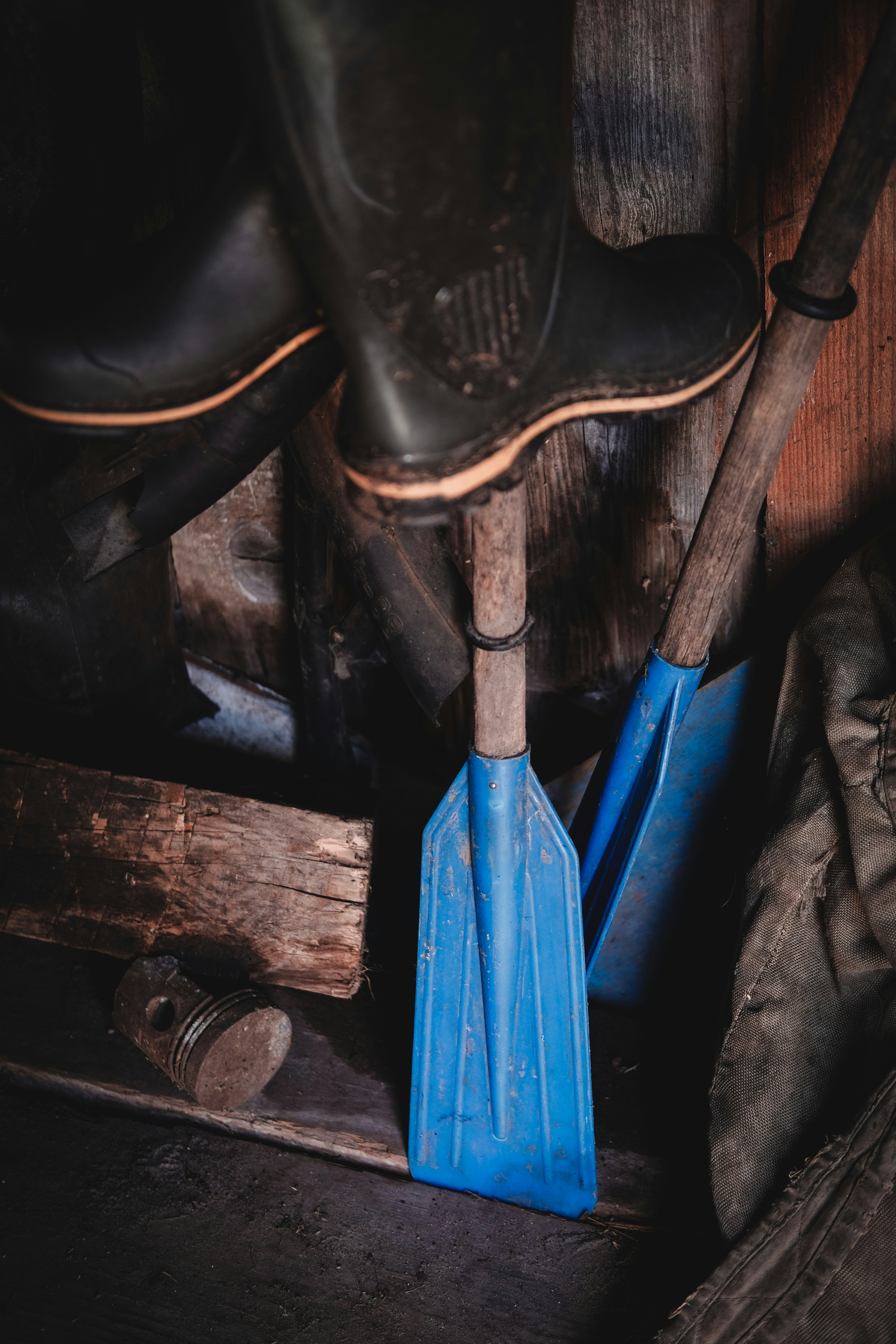 two blue and brown paddles