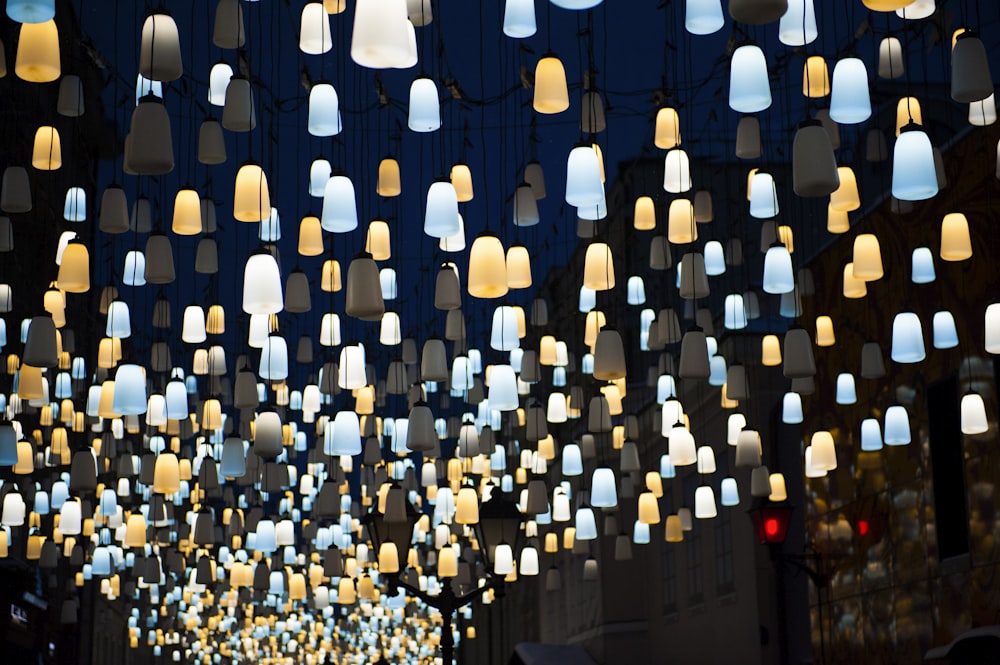 assorted-colored hanging LED lamps