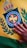 A hand rests on a flag featuring a royal crest and an emblem surrounded by laurel branches, with vibrant colors including yellow, green, and blue. The crest is topped with a decorative crown and a circular design that includes stars and a red and yellow cross-like symbol.