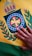 A hand rests on a flag featuring a royal crest and an emblem surrounded by laurel branches, with vibrant colors including yellow, green, and blue. The crest is topped with a decorative crown and a circular design that includes stars and a red and yellow cross-like symbol.