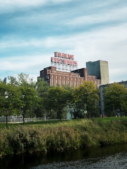 A large industrial building with a distinct red and white neon sign reading 'FARINE FIVE ROSES' is prominently visible above the structure. The building is surrounded by lush green trees and grass, with a small body of water in the foreground. The sky shows a mix of blue and white clouds, suggesting a clear day.
