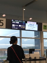 A person is standing in front of a departure gate at an airport, looking at the flight information display screen. The screen shows details for a flight to Taipei, operated by China Airlines and Japan Airlines. The environment is inside an airport terminal, with large windows and some visible seating.