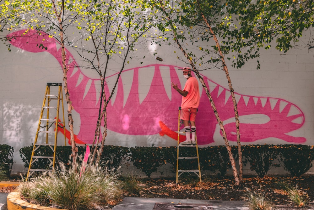 person standing on A-frame ladder