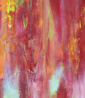 A vibrant mixed media artwork by Kate Crane featuring bold reds and pinks with layered textures.