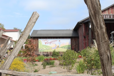 A rustic building is surrounded by a variety of plants and flowers. The central focus is a vintage-style mural promoting Virginia wines, featuring rolling hills and a figure in the distance. The wooden structure has a weathered appearance, and the surrounding garden includes vibrant green, yellow, and red foliage.