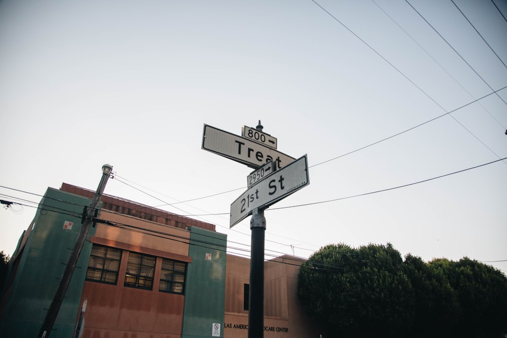 low-angle photography of white and green street signage