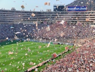 Virtual crowd cheering in a packed digital stadium during a championship final.