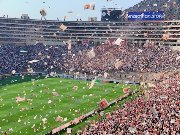 A group of fans celebrating a victory at the Sevens Stadium.