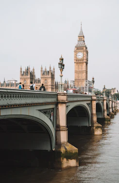 People walking across Westminster Bridge with Big Ben in the background in London