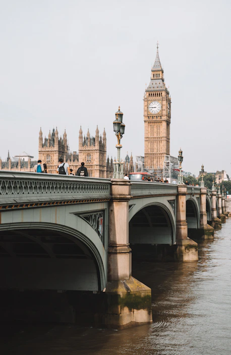 People walking across Westminster Bridge with Big Ben in the background in London