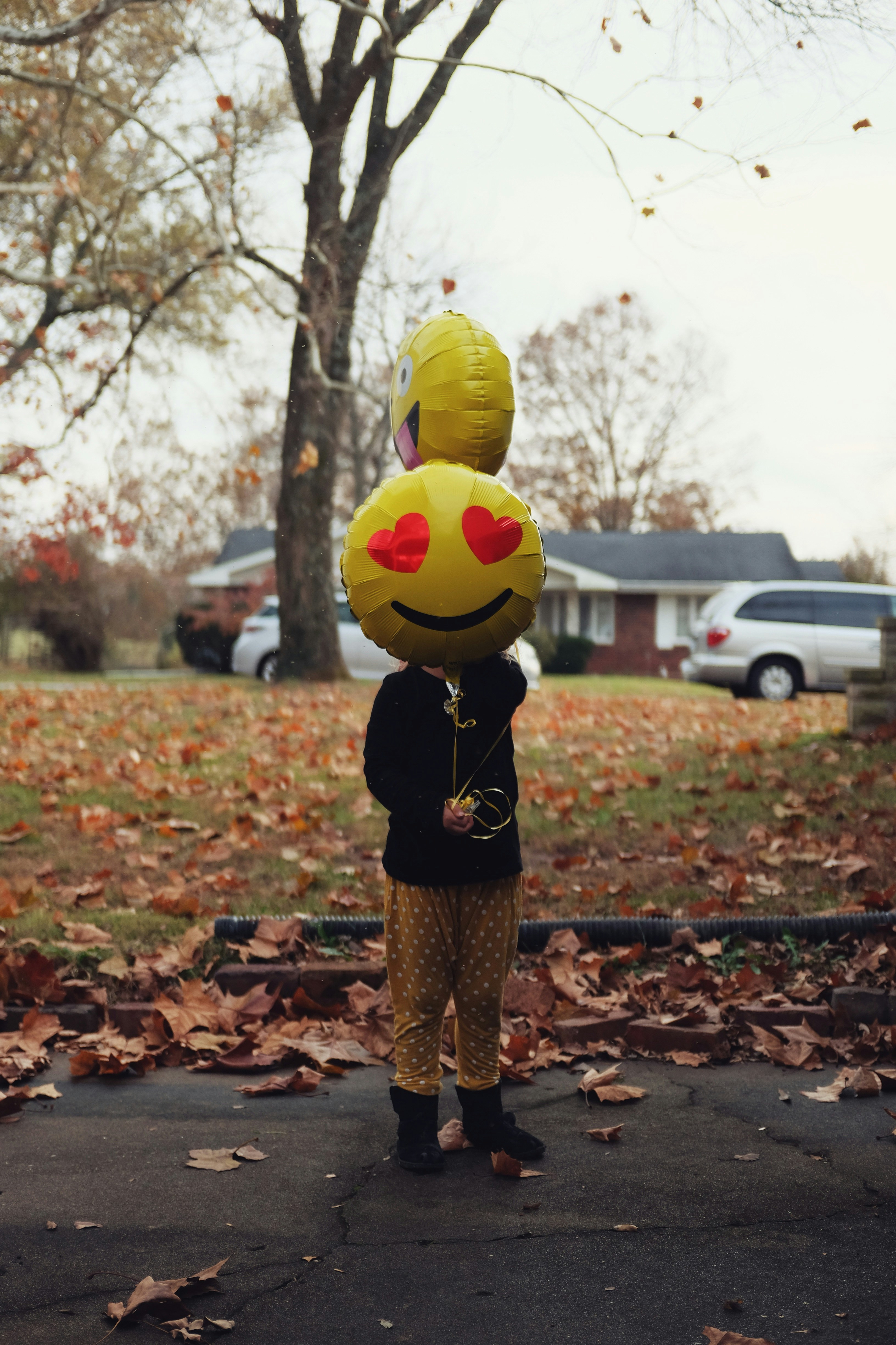 person holding smiley balloons near tree