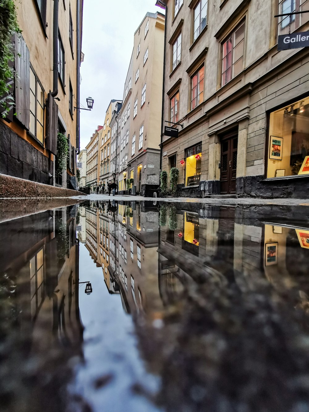 reflection of concrete buildings on puddle of water