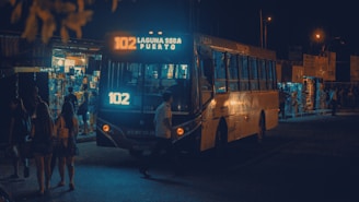 A city bus with the sign '102 Laguna Seca Puerto' is illuminated by its lights at night. People are walking nearby, and small shops with bright lights are visible in the background, indicating a busy area.