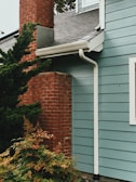 A section of a house with light blue wooden siding and a gray shingle roof. A red brick chimney is partially visible, surrounded by lush green bushes. A white gutter runs down the side of the house.