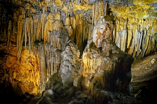 A cave interior featuring a range of stalactites and stalagmites with intricate formations. The colors range from dark browns to rich golds, with textured rock surfaces creating a visually striking natural landscape.