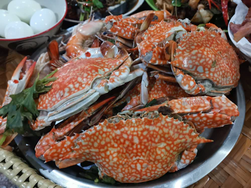 Cua ghẹ vừa hấp chín, gạch vàng óng