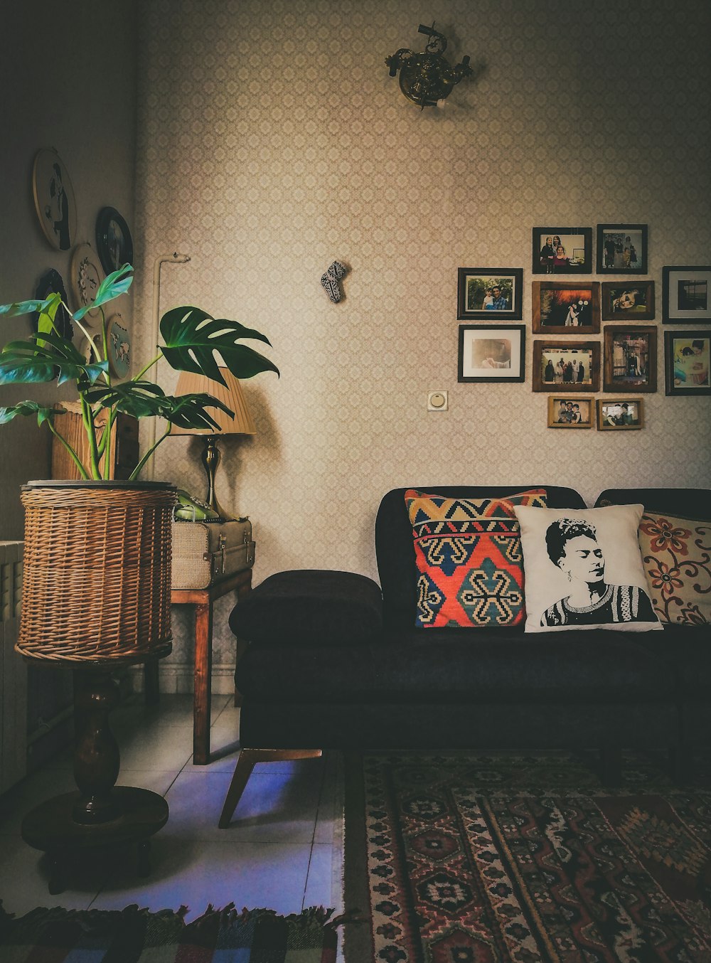 black fabric sofa beside green-leafed plant