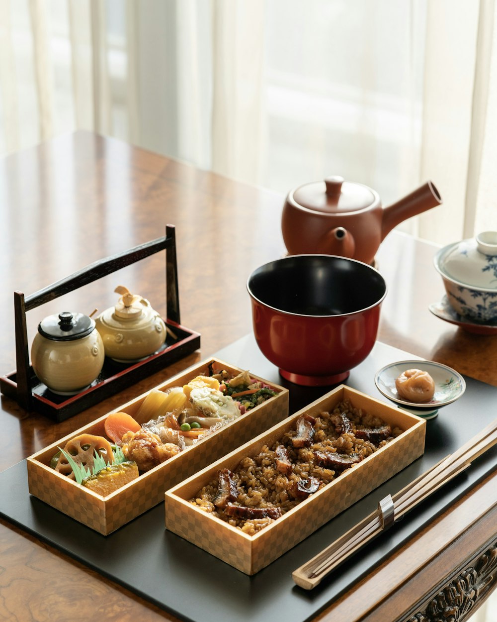 two brown trays with cooked foods