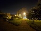 A dimly lit urban park at night, with a path leading through grassy areas surrounded by trees. Ambient light from street lamps casts a warm glow, highlighting nearby parked cars and apartment buildings in the background.