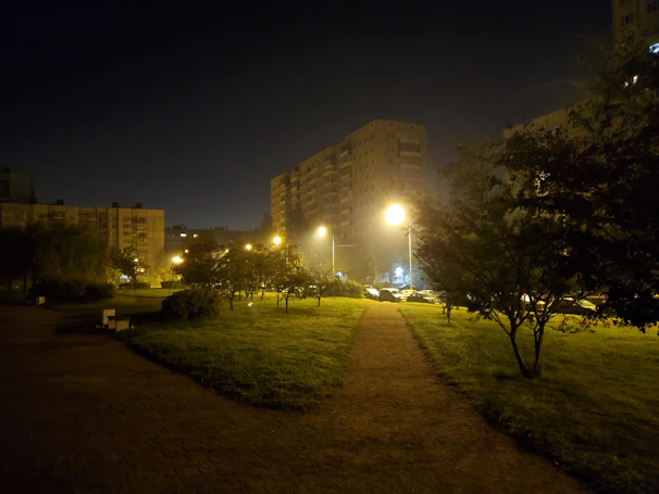 An urban park illuminated with carefully shielded, soft amber lighting at dusk.