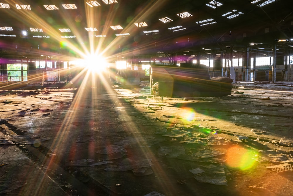 the sun shines brightly through the windows of an abandoned building