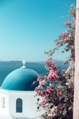 A picturesque view of a bright blue domed building characteristic of traditional architecture in the Greek islands, with vibrant pink and white bougainvillea flowers climbing up the wall. The background features a deep blue sea and distant land.