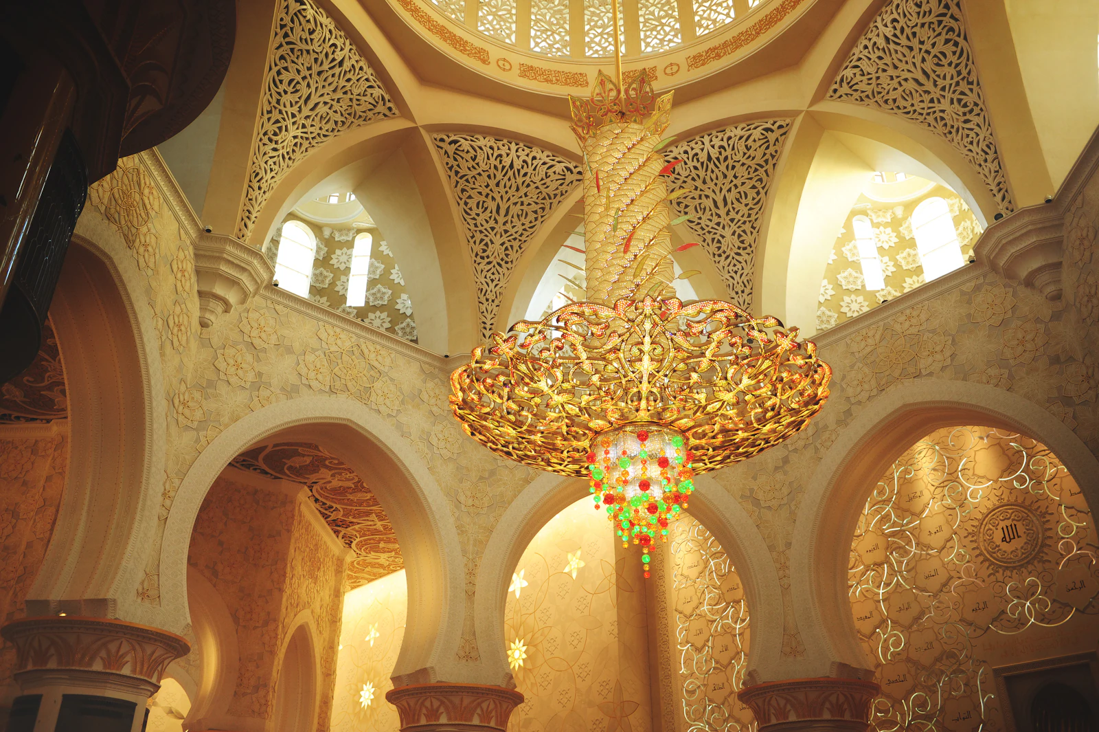 A crystal chandelier inside the prayer halls of the Grand Mosque