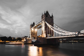 lighted bridge above calm body of water
