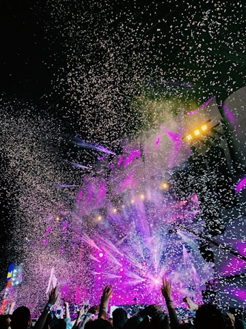 A vibrant scene from a live concert with excited fans.