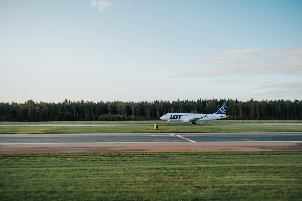 Avión blanco cerca de campo de hierba verde