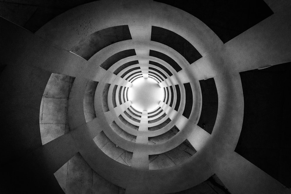 grayscale photography of building interior