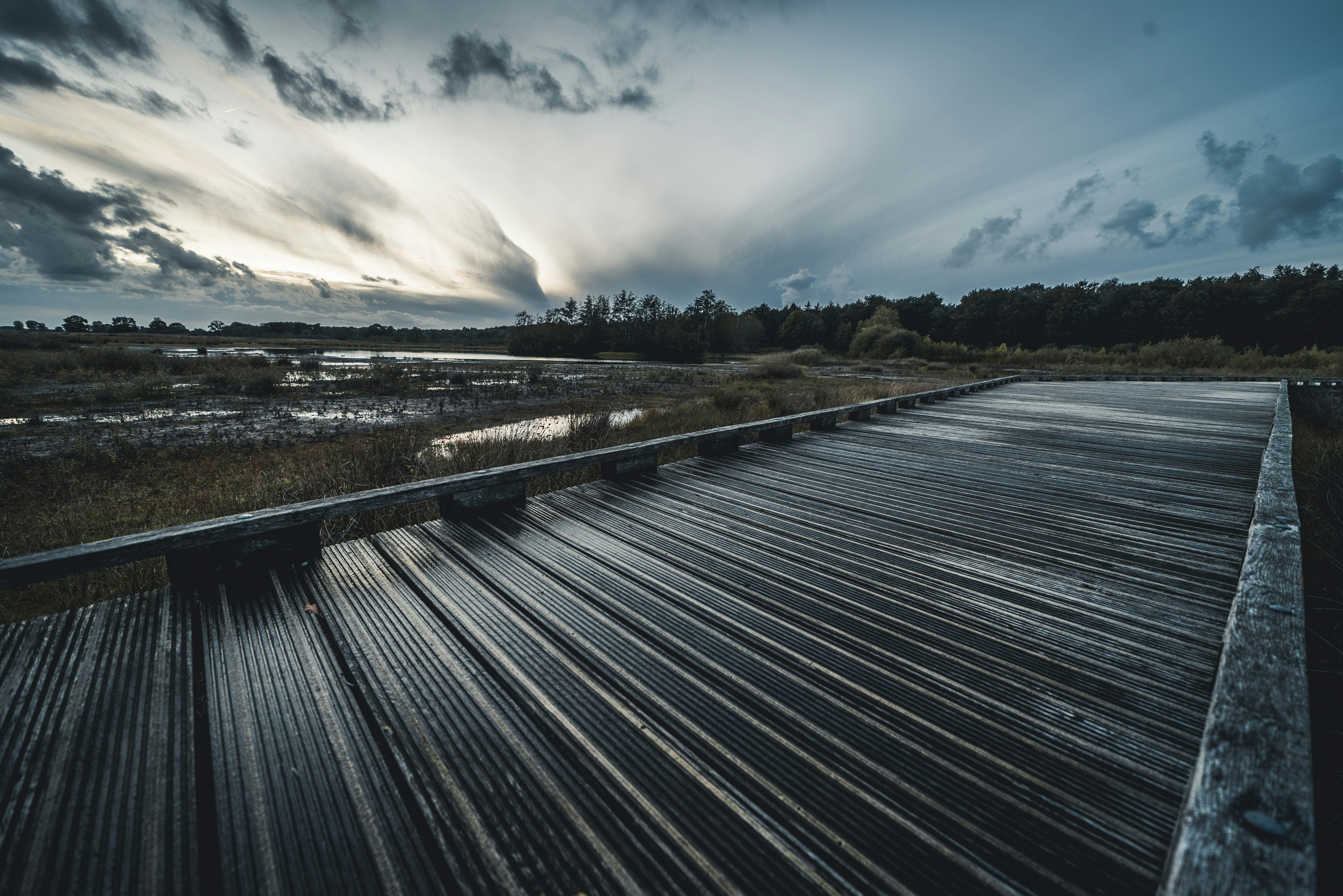 wooden pathway under a cloudy sky during daytime