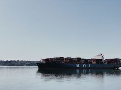 A large cargo ship loaded with containers sailing on calm blue waters.