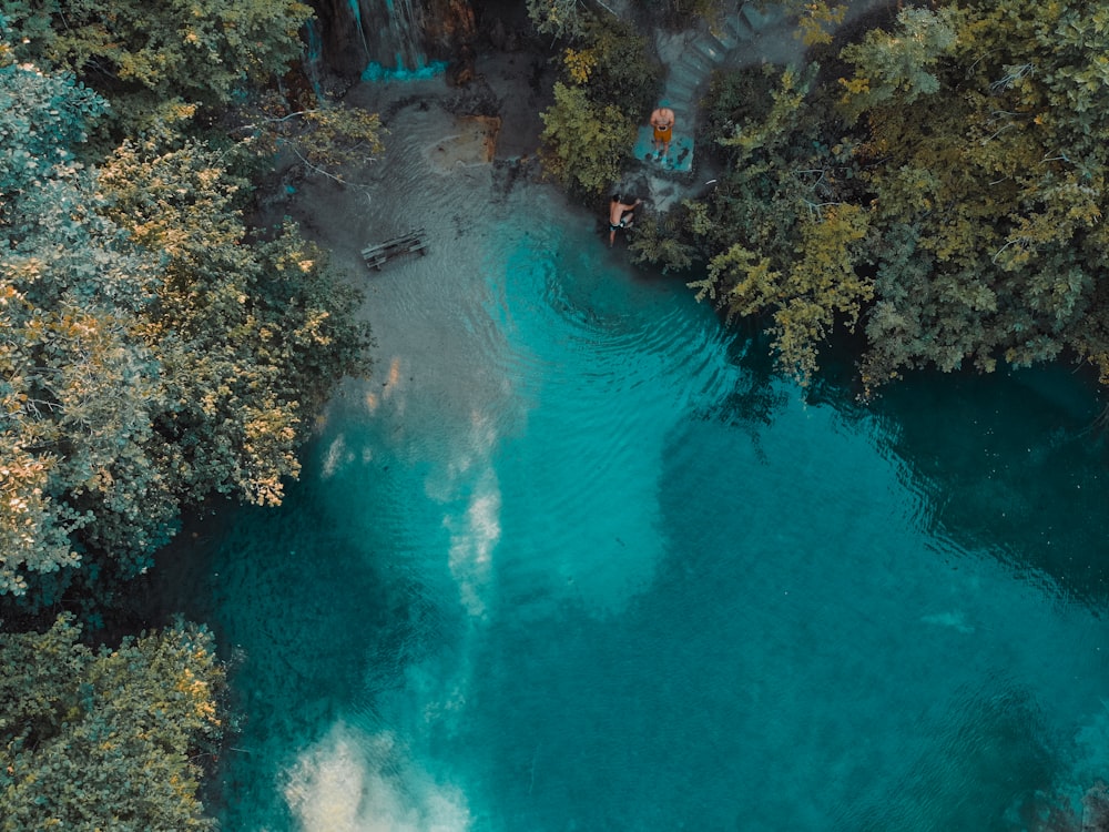 an aerial view of a body of water surrounded by trees