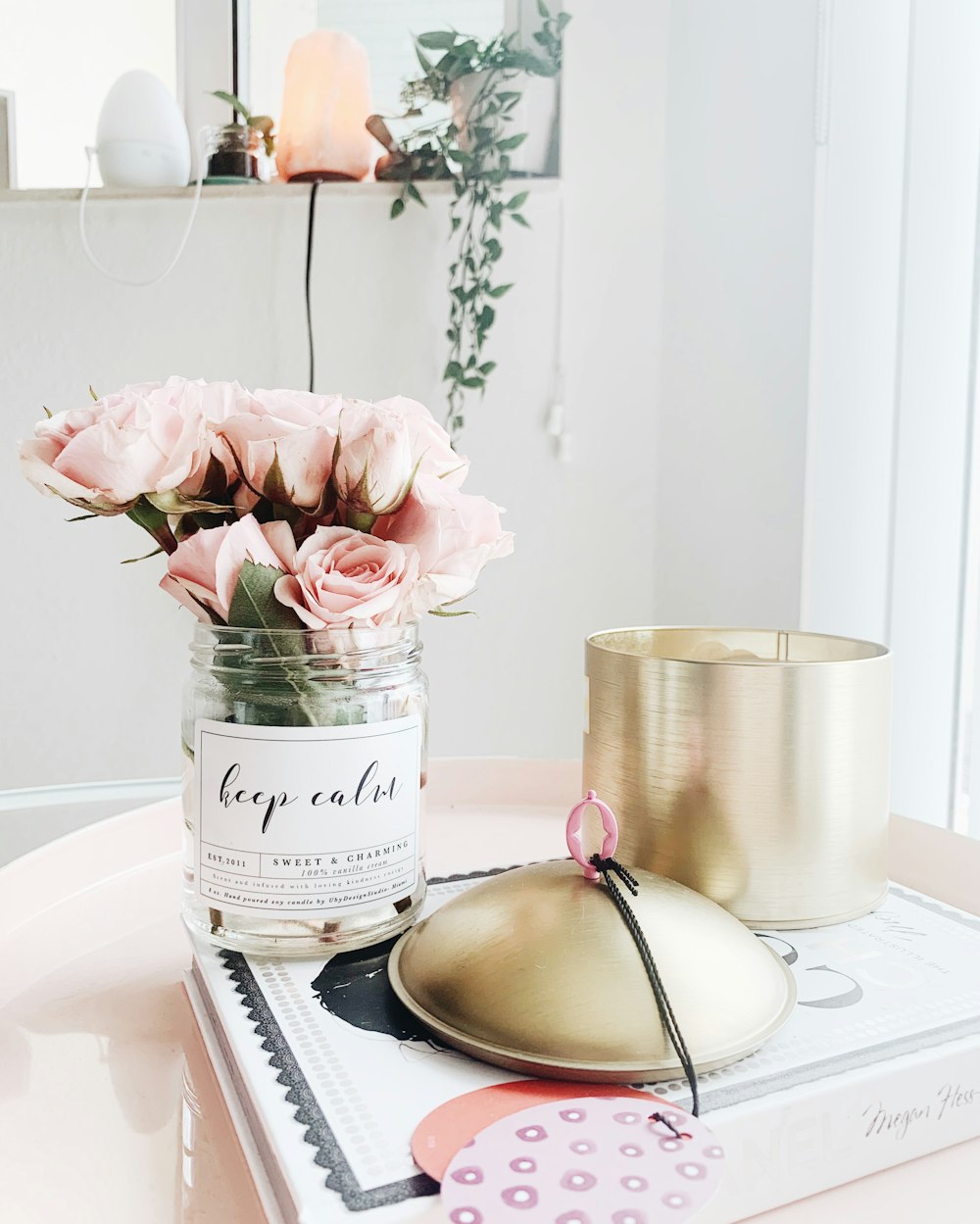 pink roses and white mason jar